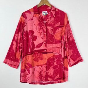 Jams World FLAWED Women L Tunic Top Crinkle Texture Button Up Spice Flower Print